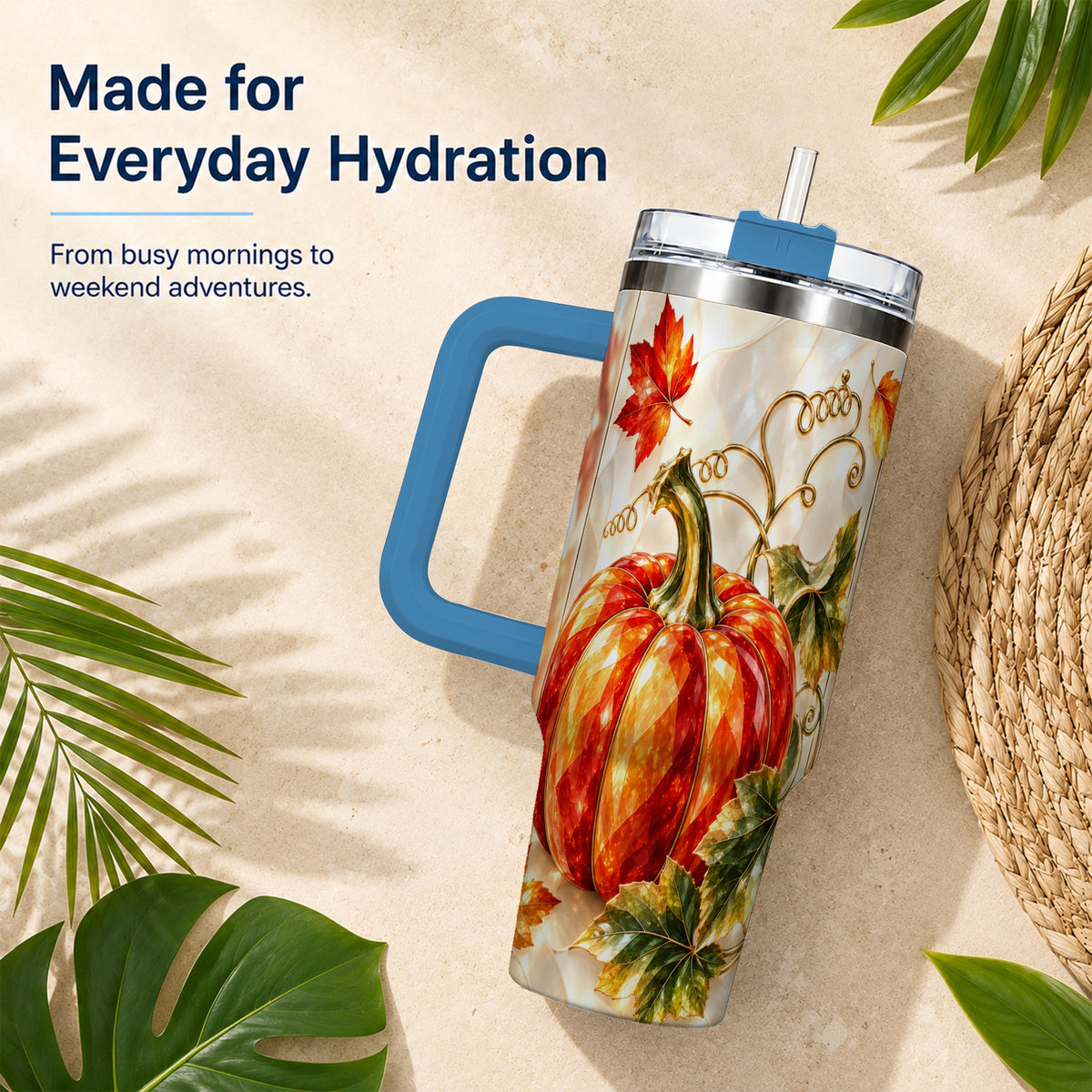 #pl[40oz|Blue] Autumn Pumpkin 40oz Tumbler, Mosaic Tumbler, Stainless Steel Travel Cup