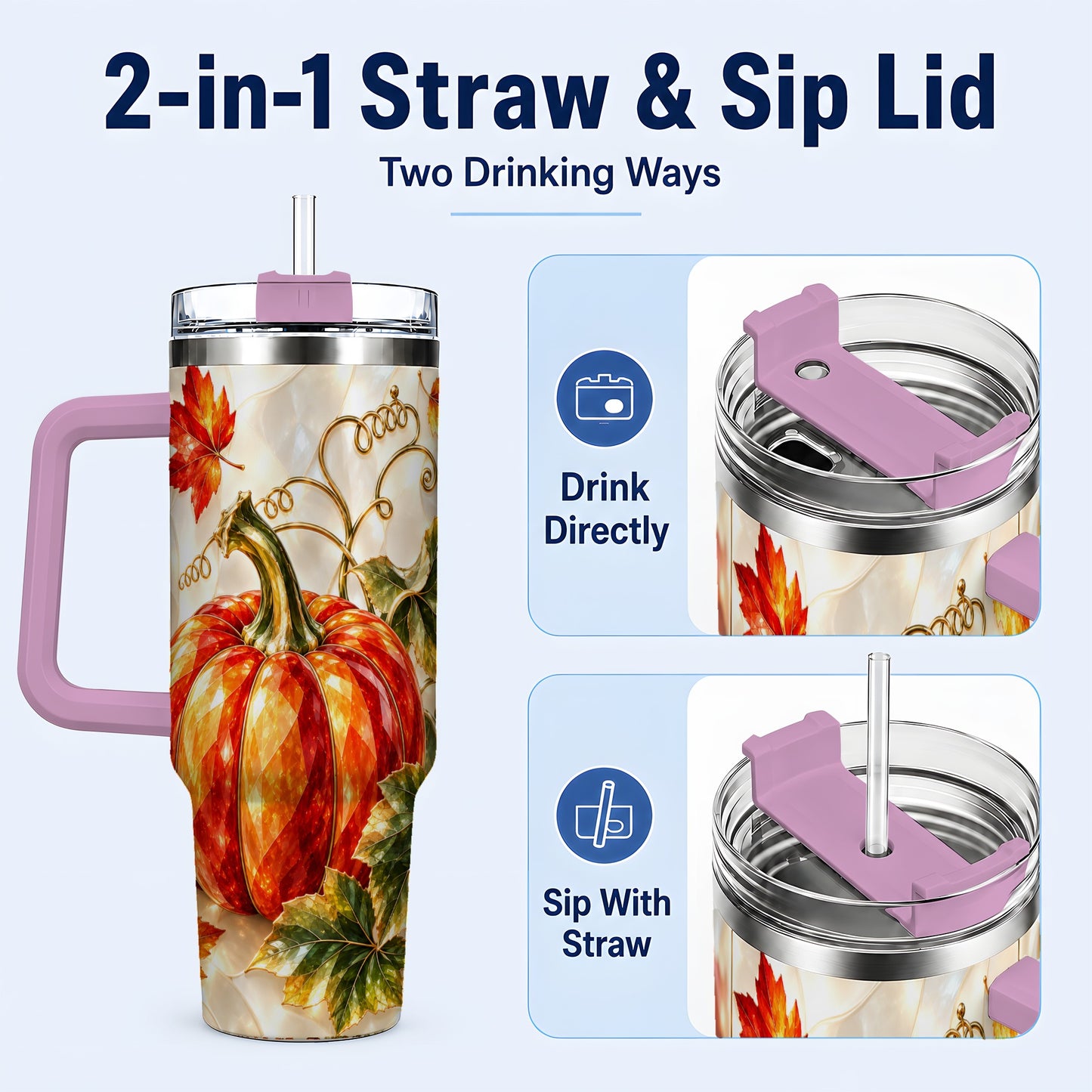 #pl[40oz|Pink] Autumn Pumpkin 40oz Tumbler, Mosaic Tumbler, Stainless Steel Travel Cup