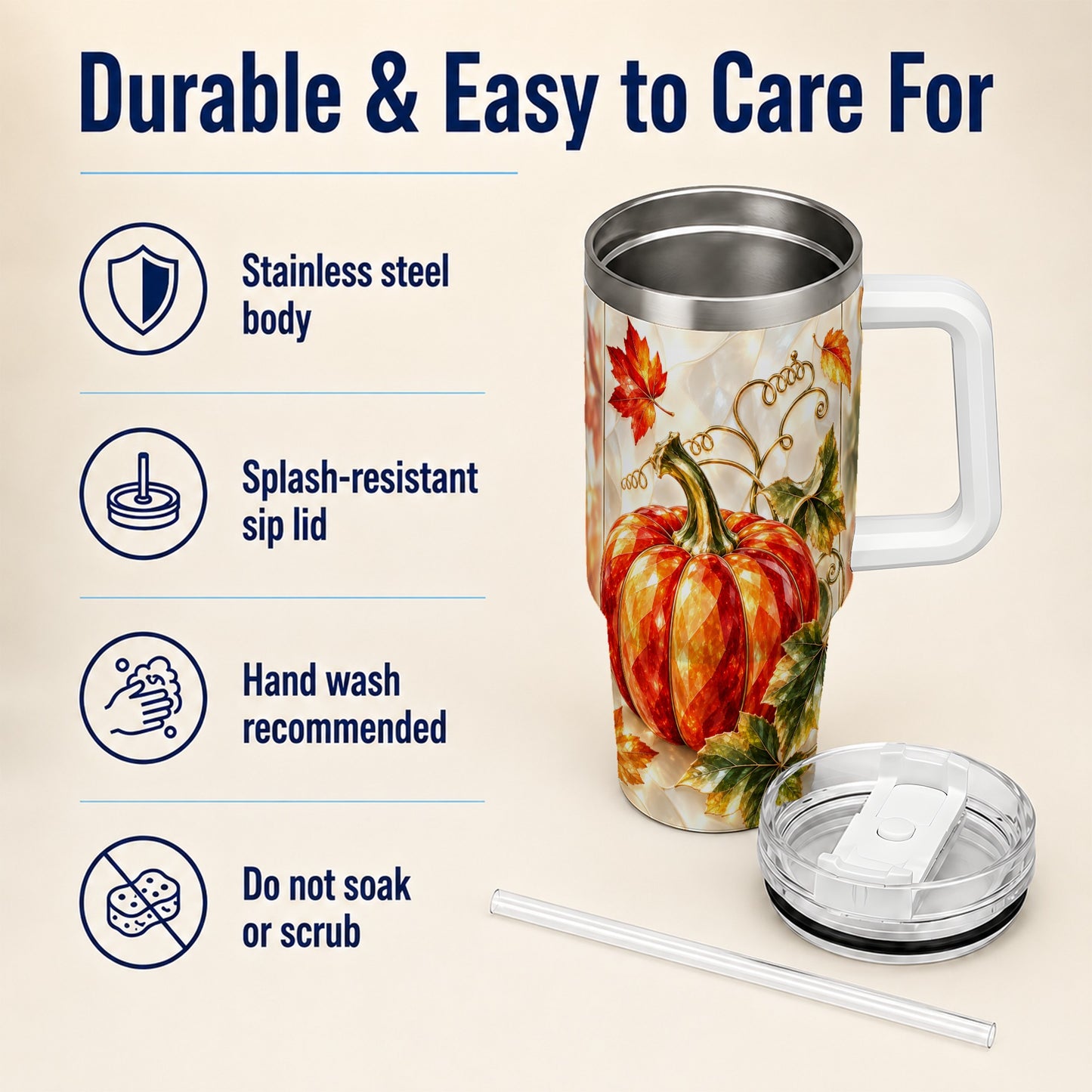 #pl[40oz|White] Autumn Pumpkin 40oz Tumbler, Mosaic Tumbler, Stainless Steel Travel Cup
