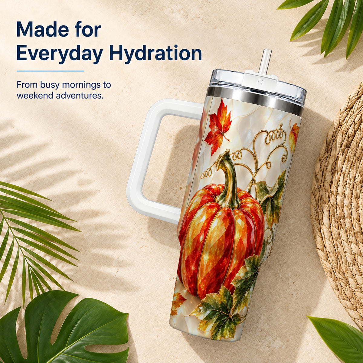 #pl[40oz|White] Autumn Pumpkin 40oz Tumbler, Mosaic Tumbler, Stainless Steel Travel Cup