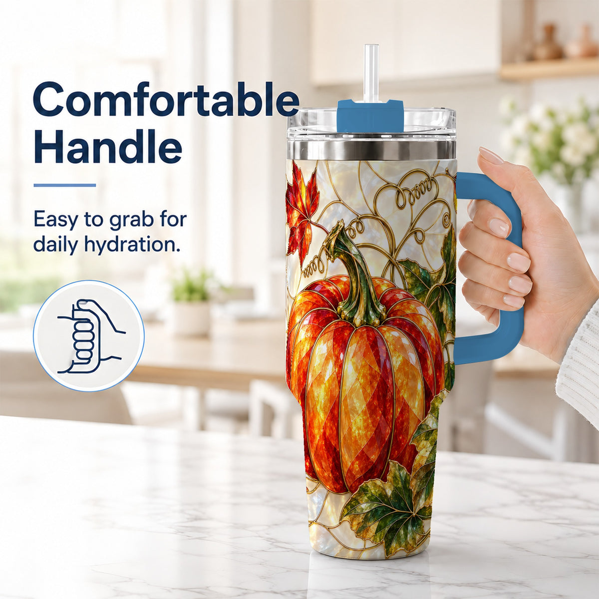 #pl[40oz|Blue] Mosaic Pumpkin 40oz Tumbler, Autumn Tumbler, Stainless Steel Travel Cup