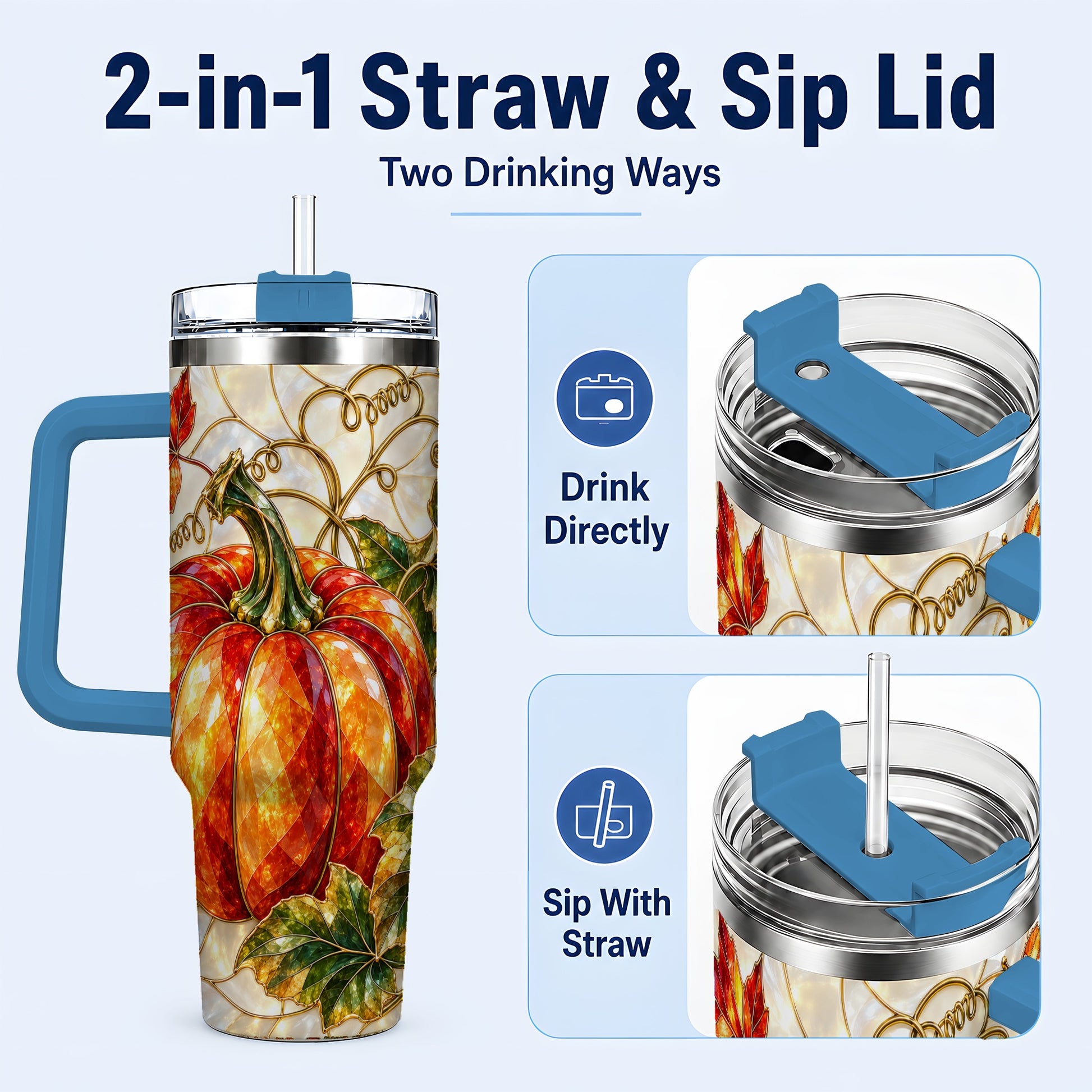 #pl[40oz|Blue] Mosaic Pumpkin 40oz Tumbler, Autumn Tumbler, Stainless Steel Travel Cup