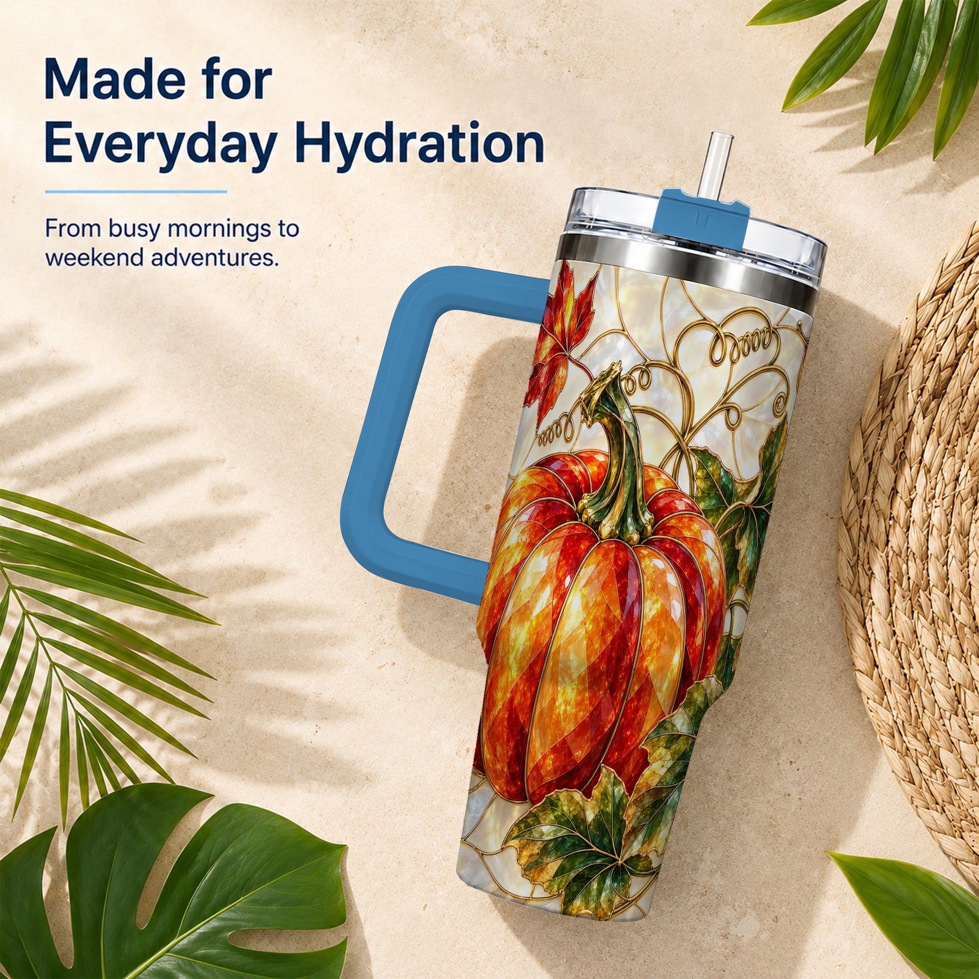 #pl[40oz|Blue] Mosaic Pumpkin 40oz Tumbler, Autumn Tumbler, Stainless Steel Travel Cup