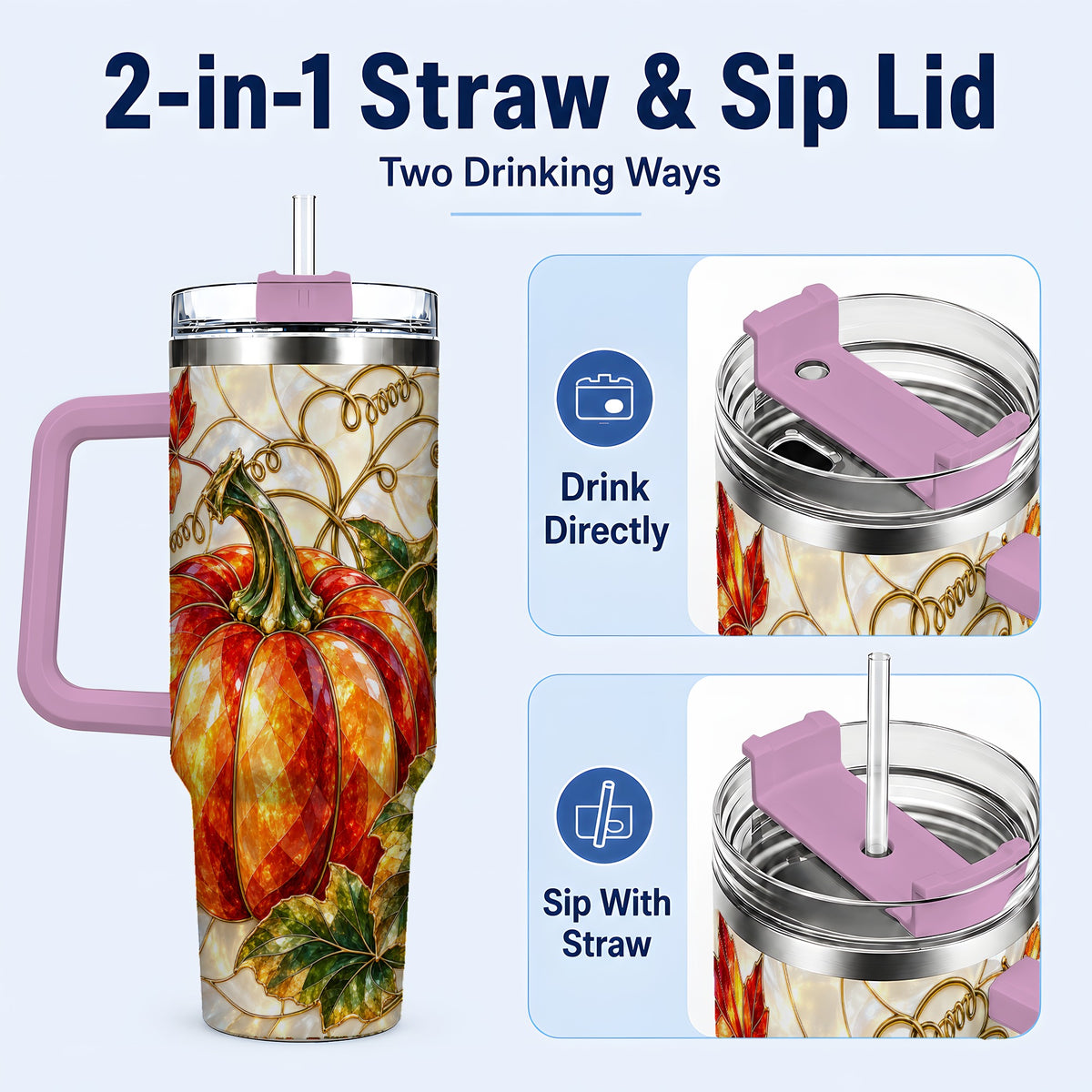 #pl[40oz|Pink] Mosaic Pumpkin 40oz Tumbler, Autumn Tumbler, Stainless Steel Travel Cup