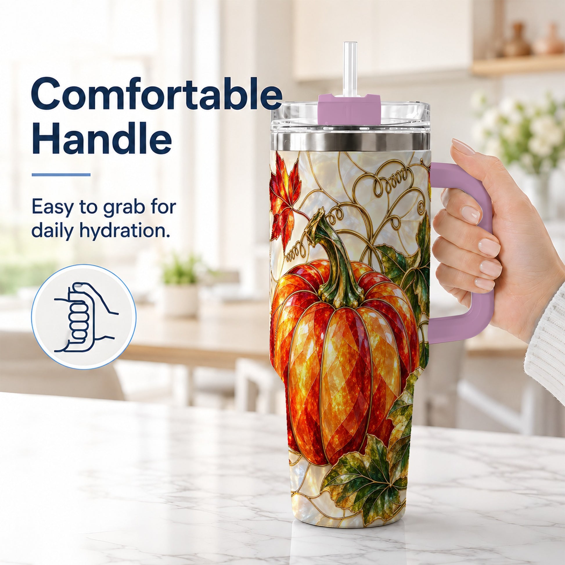 #pl[40oz|Pink] Mosaic Pumpkin 40oz Tumbler, Autumn Tumbler, Stainless Steel Travel Cup