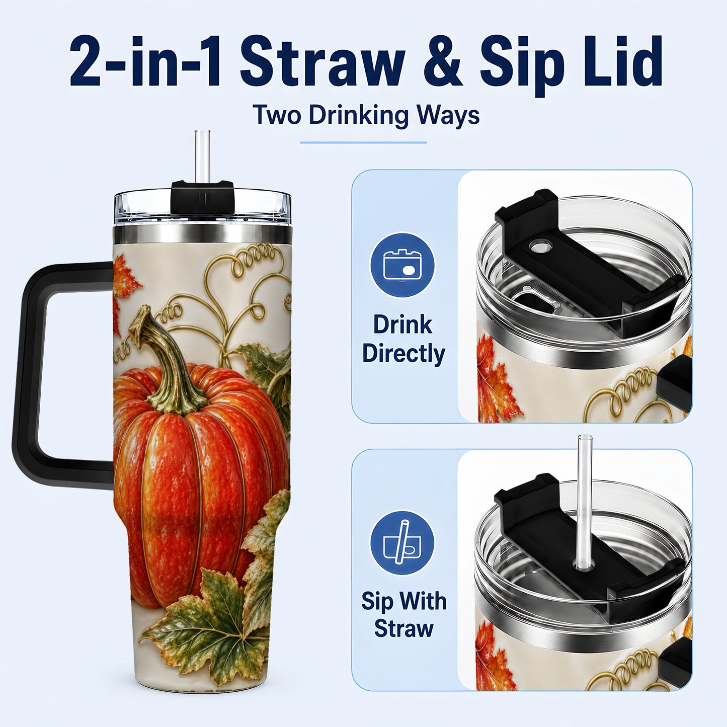 #pl[40oz|Black] Autumn Pumpkin 40oz Tumbler with Handle, Stainless Steel Travel Cup