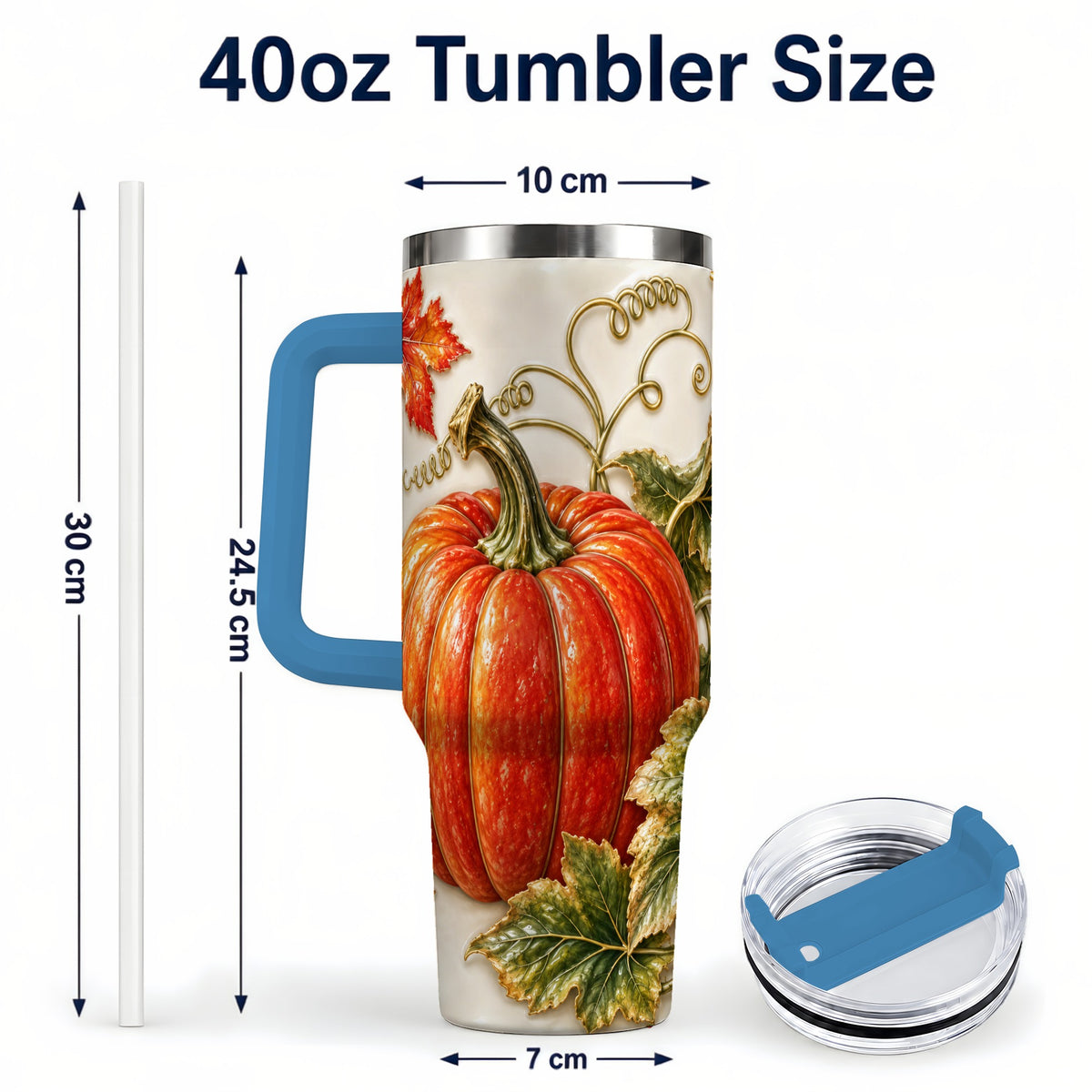 #pl[40oz|Blue] Autumn Pumpkin 40oz Tumbler with Handle, Stainless Steel Travel Cup