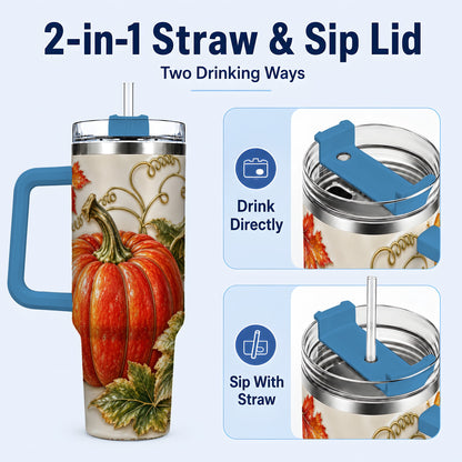 #pl[40oz|Blue] Autumn Pumpkin 40oz Tumbler with Handle, Stainless Steel Travel Cup
