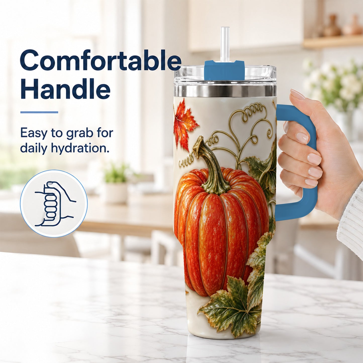 #pl[40oz|Blue] Autumn Pumpkin 40oz Tumbler with Handle, Stainless Steel Travel Cup