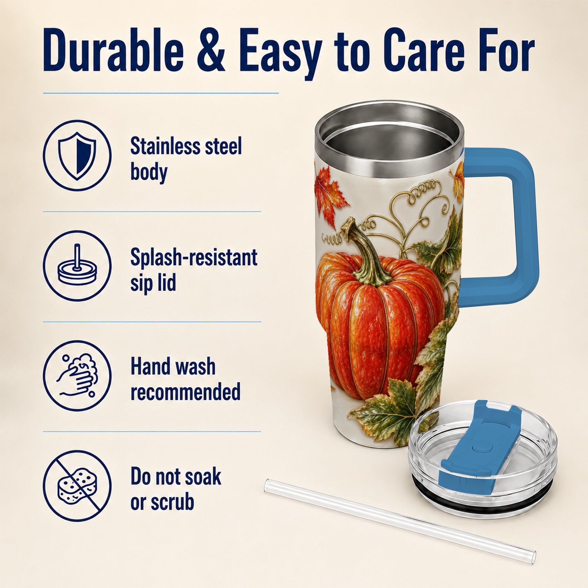 #pl[40oz|Blue] Autumn Pumpkin 40oz Tumbler with Handle, Stainless Steel Travel Cup