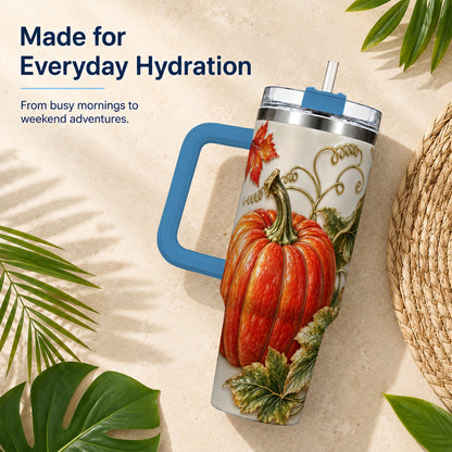 #pl[40oz|Blue] Autumn Pumpkin 40oz Tumbler with Handle, Stainless Steel Travel Cup