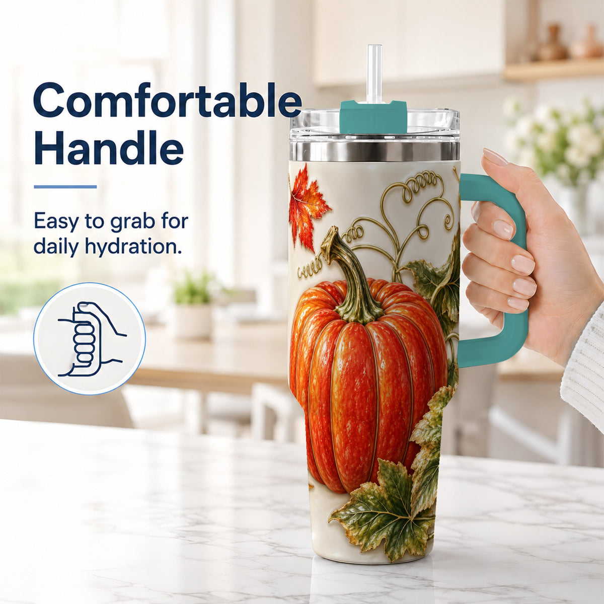 #pl[40oz|Green] Autumn Pumpkin 40oz Tumbler with Handle, Stainless Steel Travel Cup