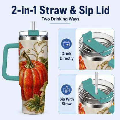 #pl[40oz|Green] Autumn Pumpkin 40oz Tumbler with Handle, Stainless Steel Travel Cup