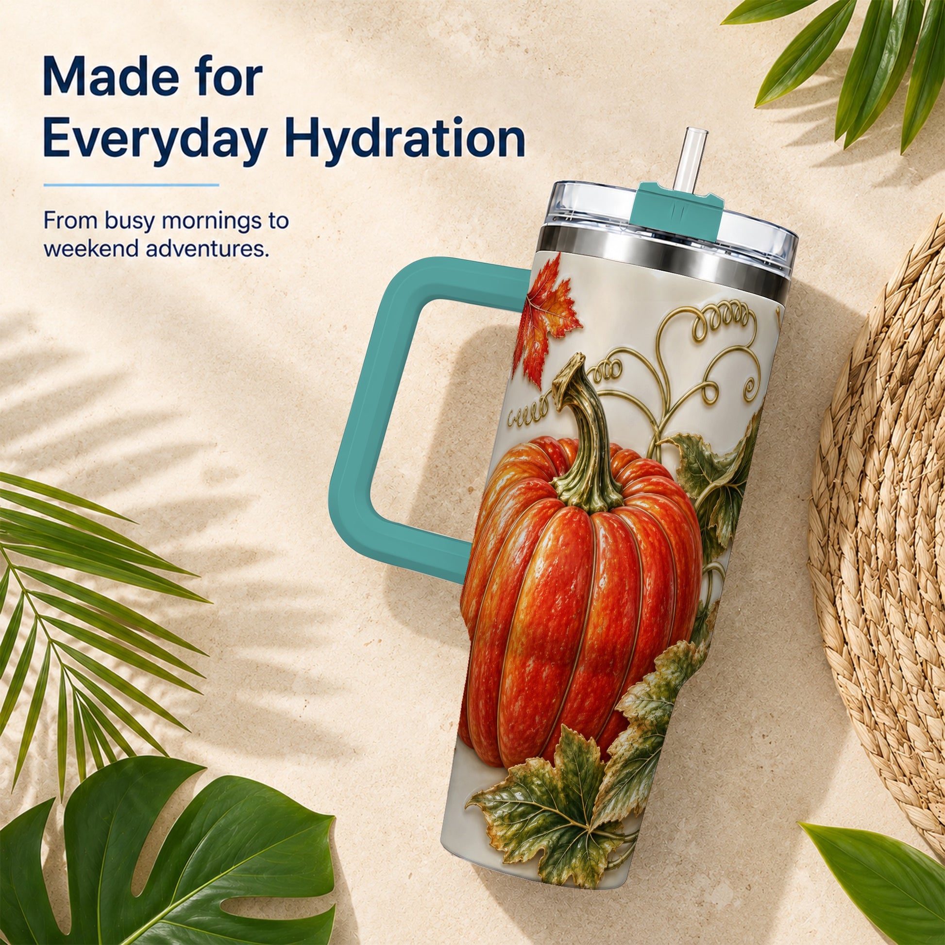 #pl[40oz|Green] Autumn Pumpkin 40oz Tumbler with Handle, Stainless Steel Travel Cup