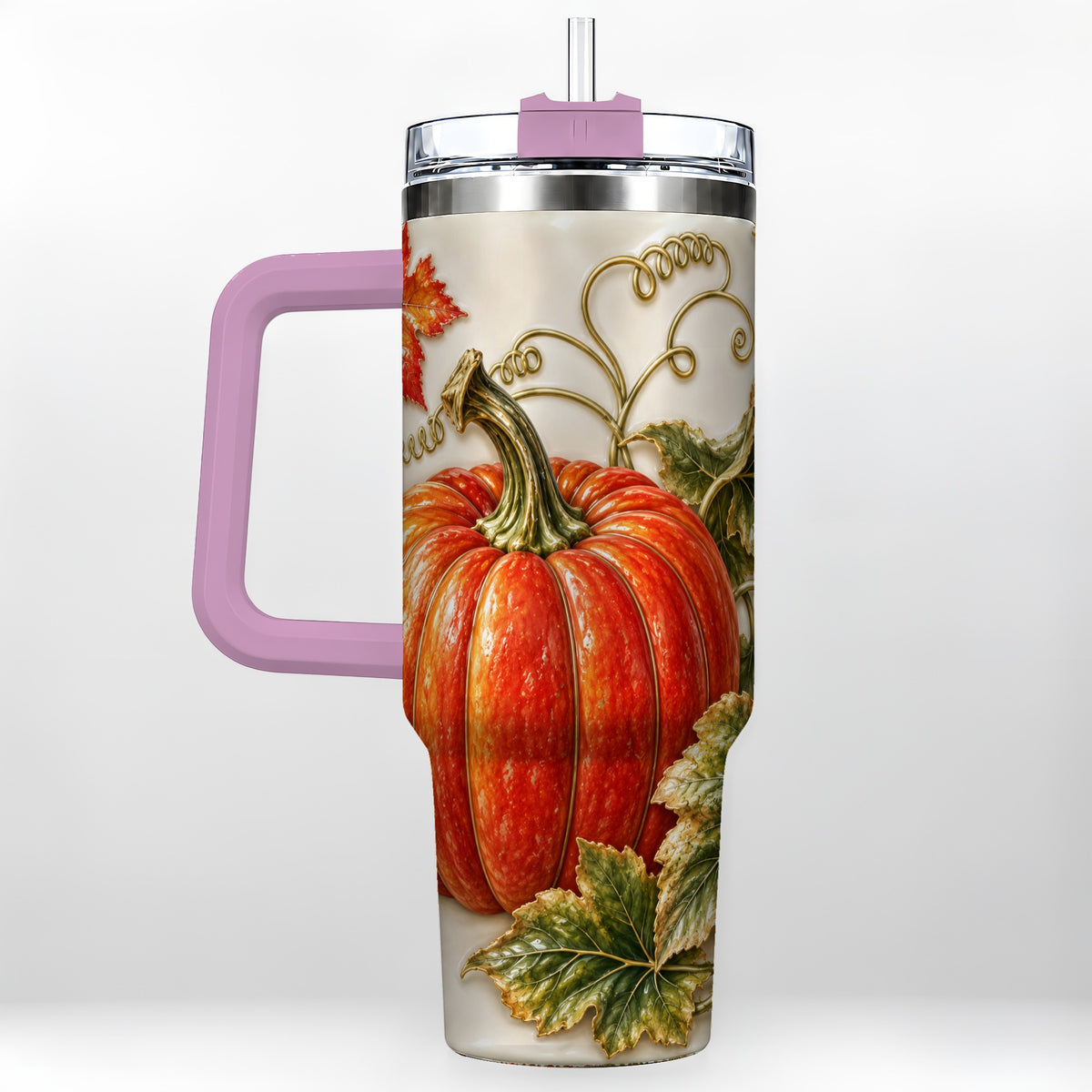 #pl[40oz|Pink] Autumn Pumpkin 40oz Tumbler with Handle, Stainless Steel Travel Cup