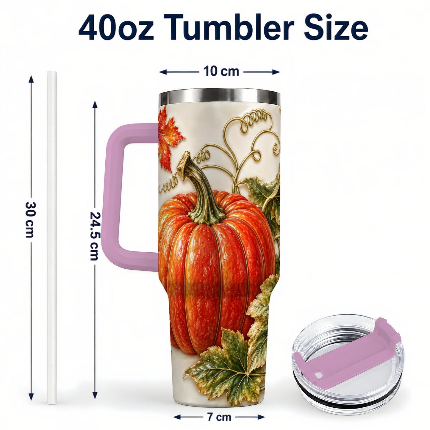 #pl[40oz|Pink] Autumn Pumpkin 40oz Tumbler with Handle, Stainless Steel Travel Cup
