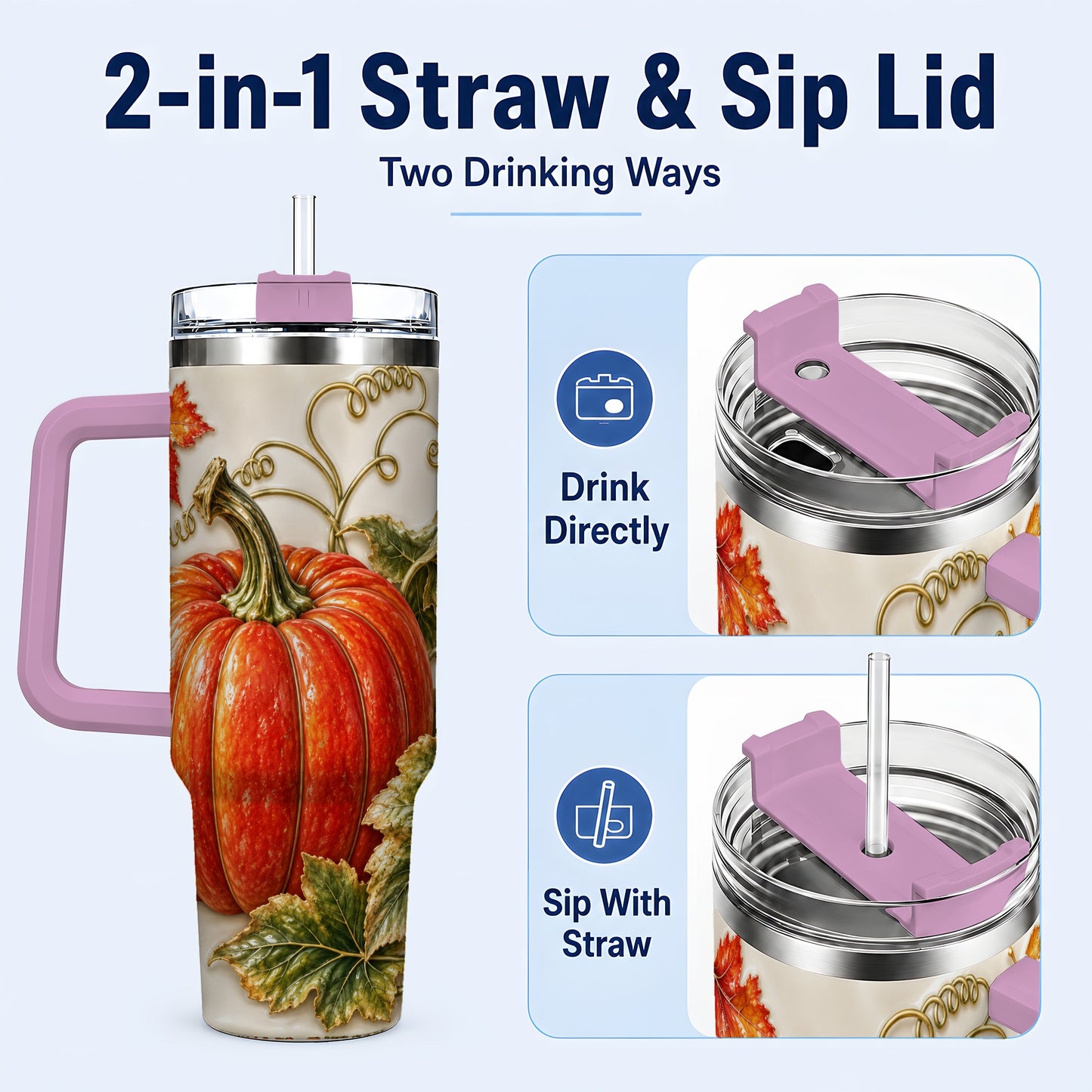 #pl[40oz|Pink] Autumn Pumpkin 40oz Tumbler with Handle, Stainless Steel Travel Cup