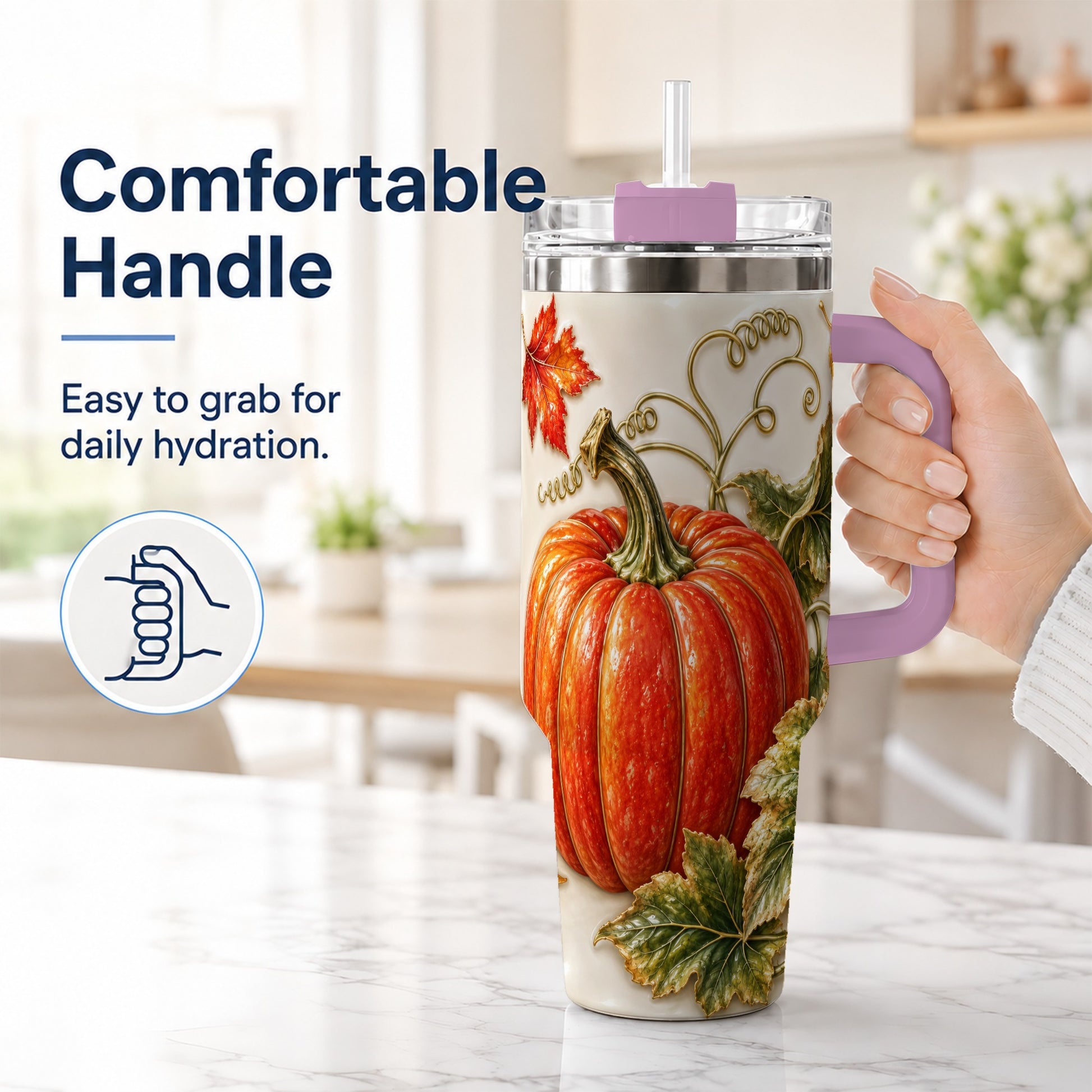 #pl[40oz|Pink] Autumn Pumpkin 40oz Tumbler with Handle, Stainless Steel Travel Cup