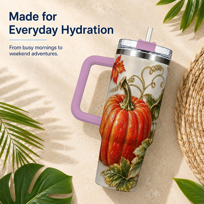 #pl[40oz|Pink] Autumn Pumpkin 40oz Tumbler with Handle, Stainless Steel Travel Cup