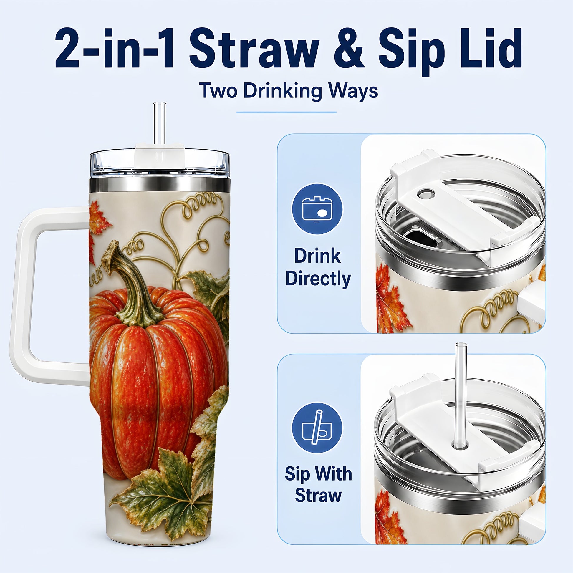 #pl[40oz|White] Autumn Pumpkin 40oz Tumbler with Handle, Stainless Steel Travel Cup