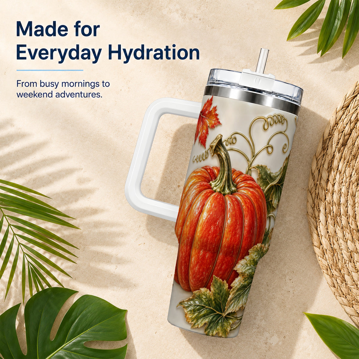 #pl[40oz|White] Autumn Pumpkin 40oz Tumbler with Handle, Stainless Steel Travel Cup