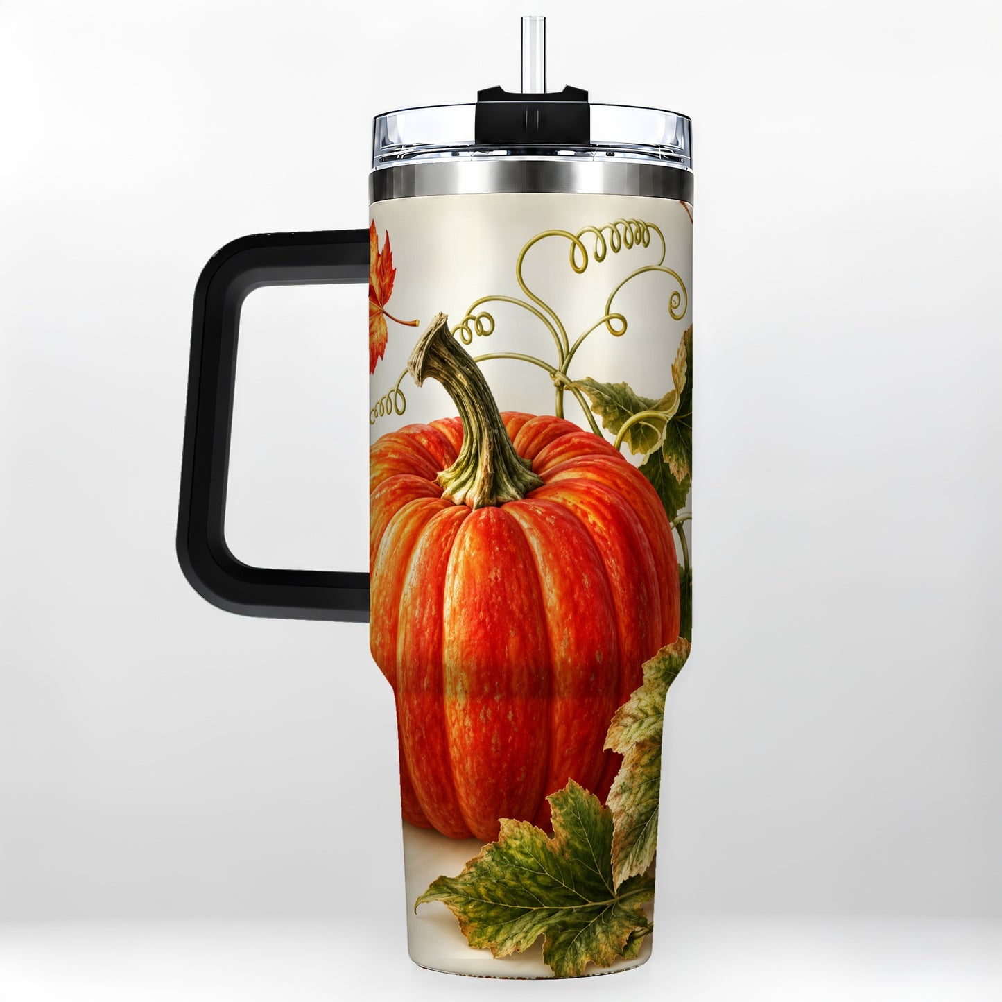 #pl[40oz|Black] Realistic Pumpkin 40oz Tumbler with Handle, Stainless Steel Travel Cup