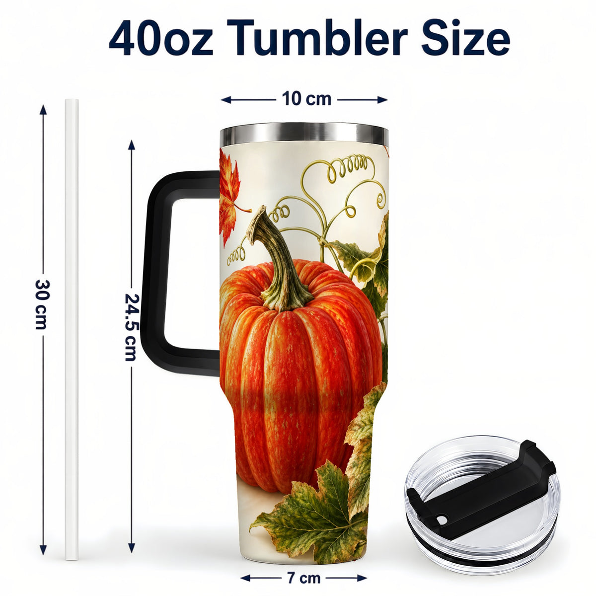 #pl[40oz|Black] Realistic Pumpkin 40oz Tumbler with Handle, Stainless Steel Travel Cup