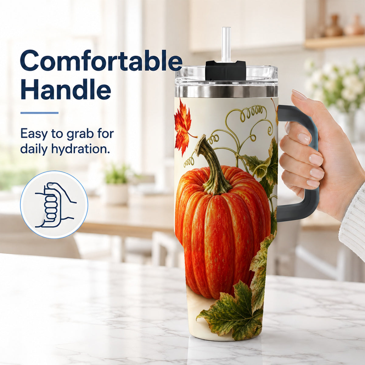 #pl[40oz|Black] Realistic Pumpkin 40oz Tumbler with Handle, Stainless Steel Travel Cup