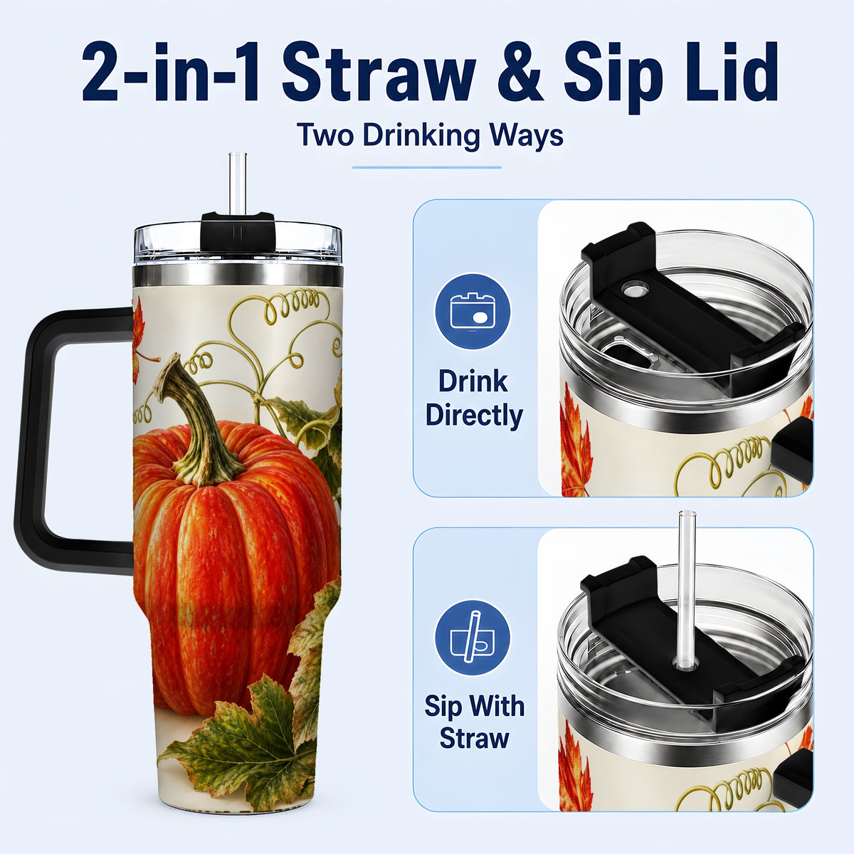 #pl[40oz|Black] Realistic Pumpkin 40oz Tumbler with Handle, Stainless Steel Travel Cup