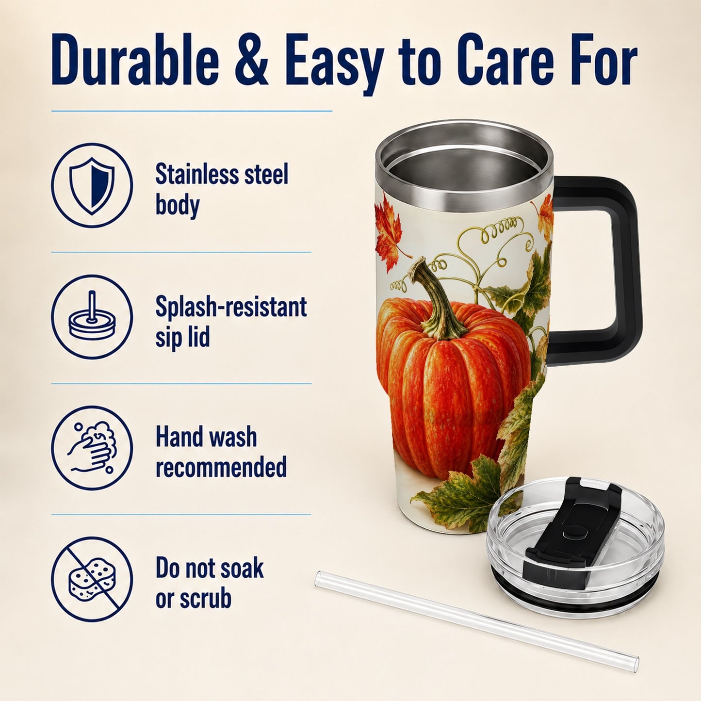 #pl[40oz|Black] Realistic Pumpkin 40oz Tumbler with Handle, Stainless Steel Travel Cup
