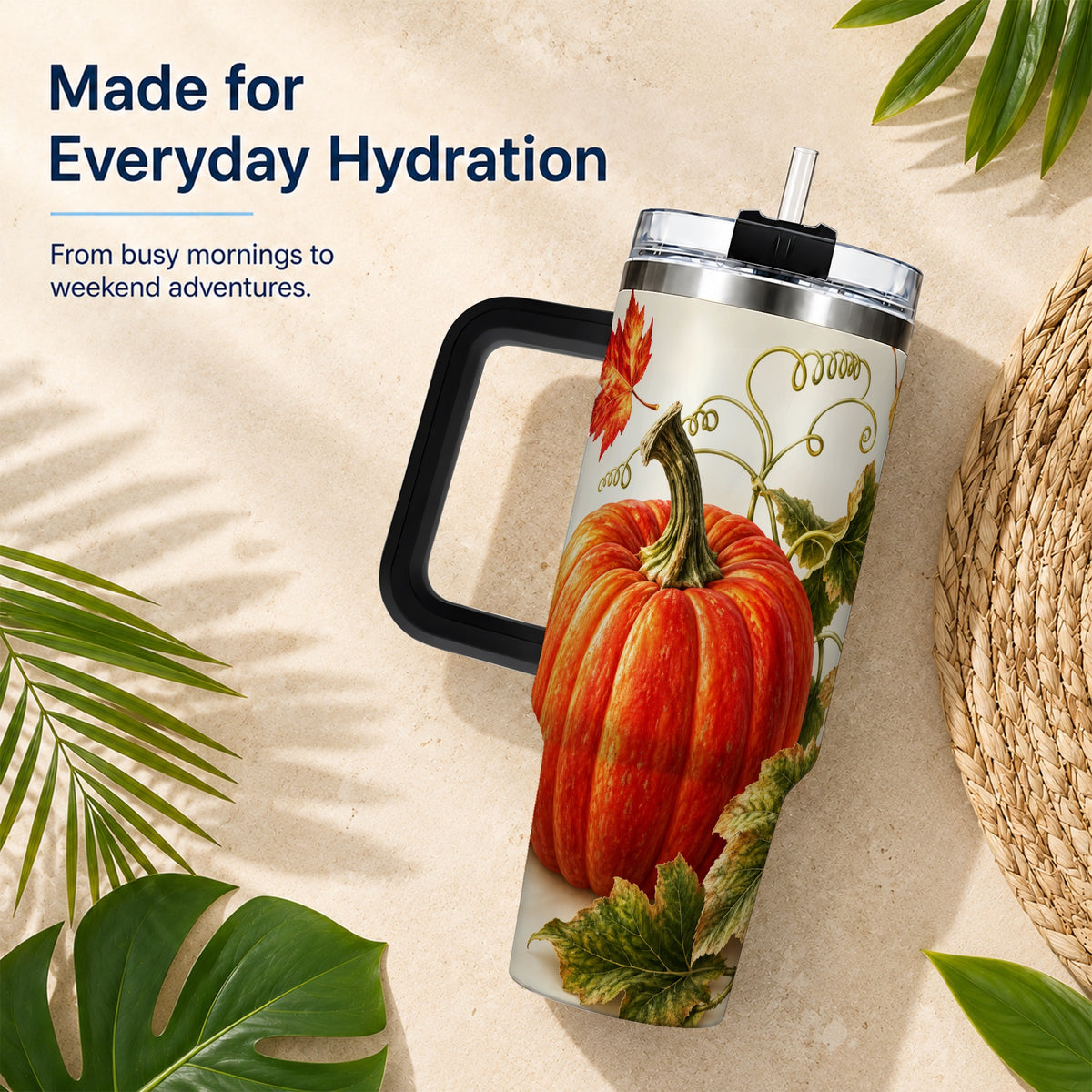 #pl[40oz|Black] Realistic Pumpkin 40oz Tumbler with Handle, Stainless Steel Travel Cup