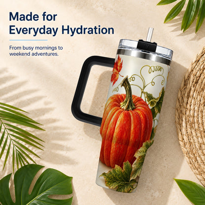 #pl[40oz|Black] Realistic Pumpkin 40oz Tumbler with Handle, Stainless Steel Travel Cup
