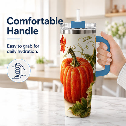 #pl[40oz|Blue] Realistic Pumpkin 40oz Tumbler with Handle, Stainless Steel Travel Cup
