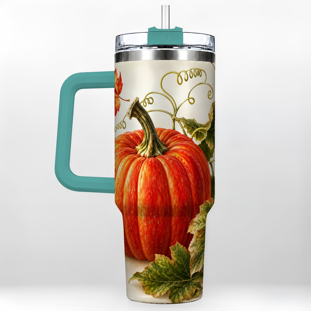 #pl[40oz|Green] Realistic Pumpkin 40oz Tumbler with Handle, Stainless Steel Travel Cup