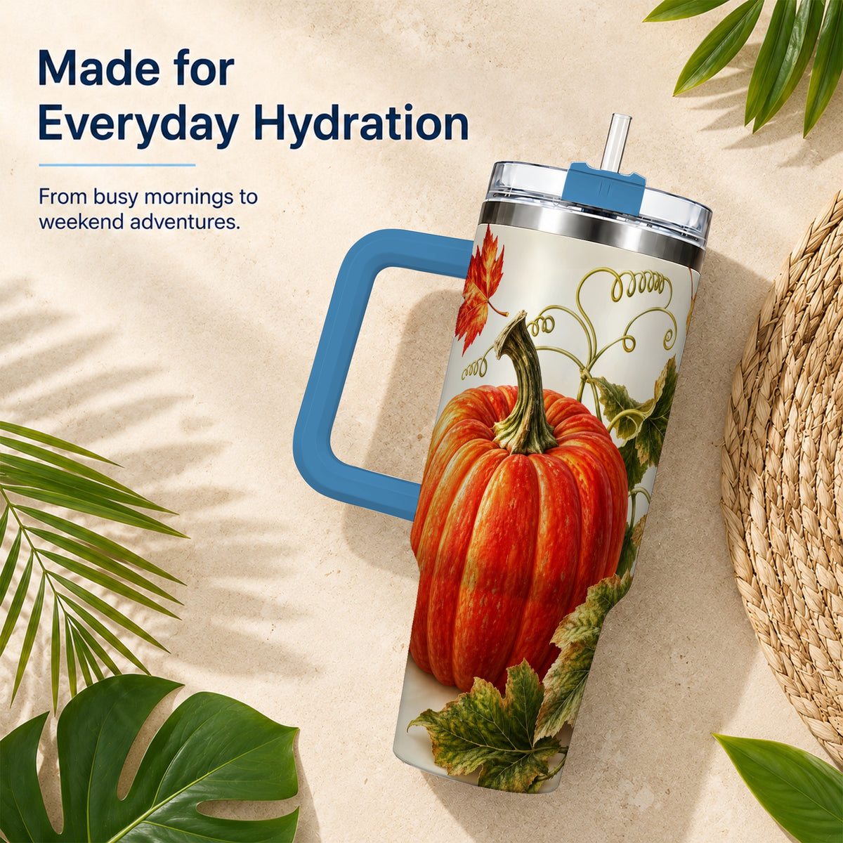 #pl[40oz|Blue] Realistic Pumpkin 40oz Tumbler with Handle, Stainless Steel Travel Cup