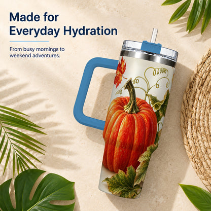 #pl[40oz|Blue] Realistic Pumpkin 40oz Tumbler with Handle, Stainless Steel Travel Cup