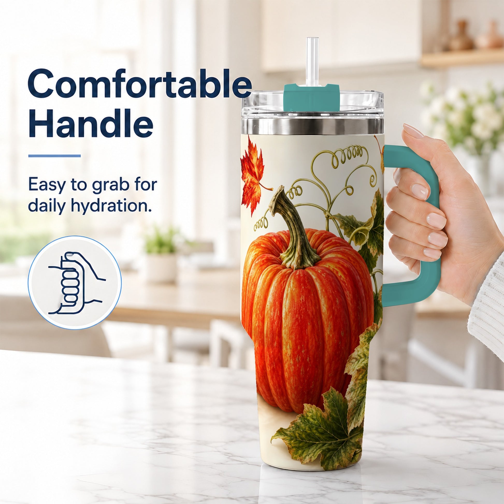 #pl[40oz|Green] Realistic Pumpkin 40oz Tumbler with Handle, Stainless Steel Travel Cup