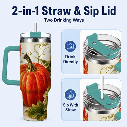 #pl[40oz|Green] Realistic Pumpkin 40oz Tumbler with Handle, Stainless Steel Travel Cup