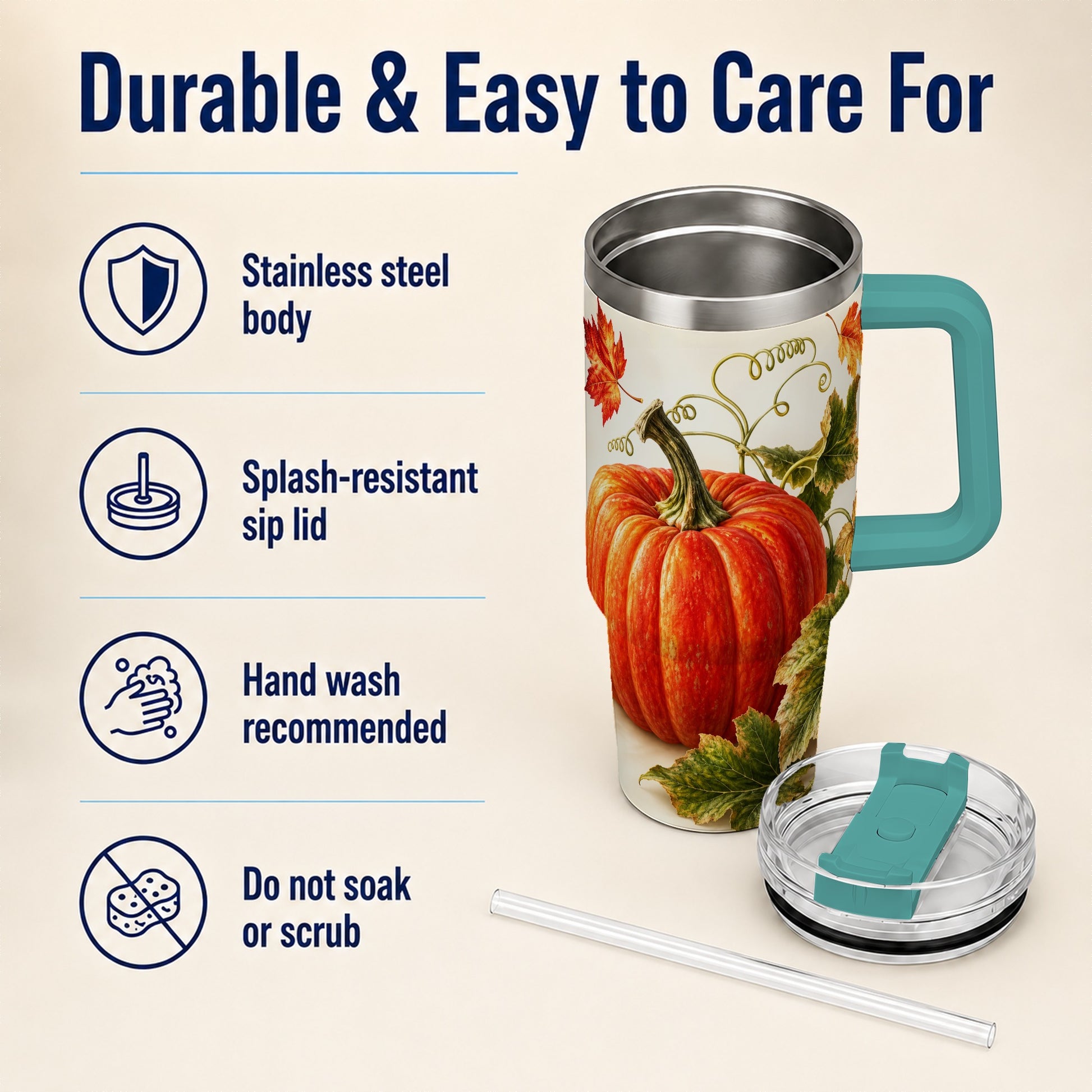 #pl[40oz|Green] Realistic Pumpkin 40oz Tumbler with Handle, Stainless Steel Travel Cup