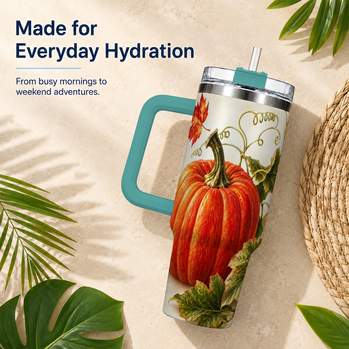 #pl[40oz|Green] Realistic Pumpkin 40oz Tumbler with Handle, Stainless Steel Travel Cup