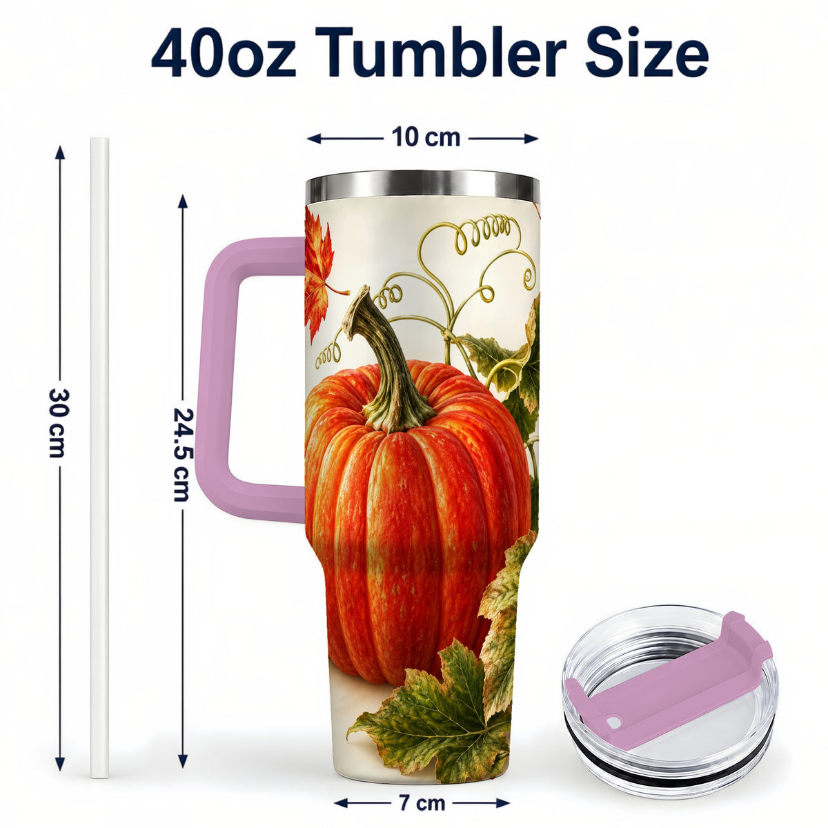 #pl[40oz|Pink] Realistic Pumpkin 40oz Tumbler with Handle, Stainless Steel Travel Cup