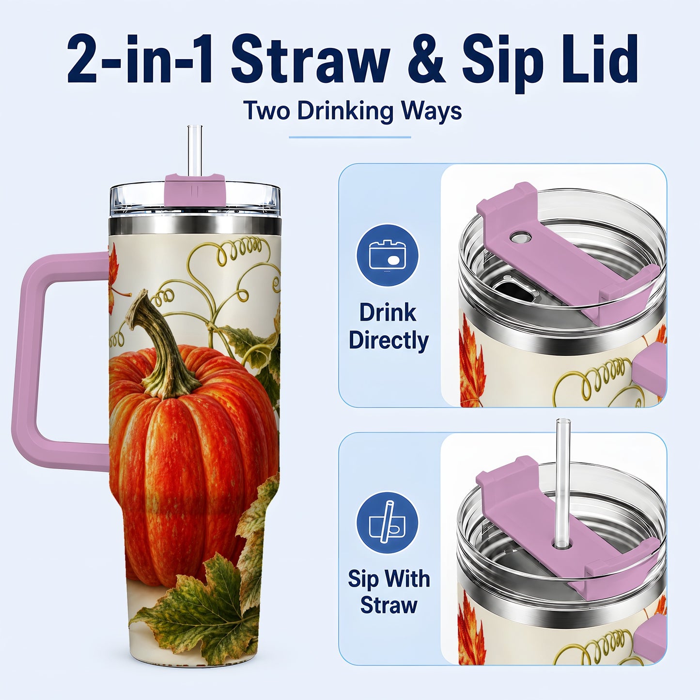 #pl[40oz|Pink] Realistic Pumpkin 40oz Tumbler with Handle, Stainless Steel Travel Cup