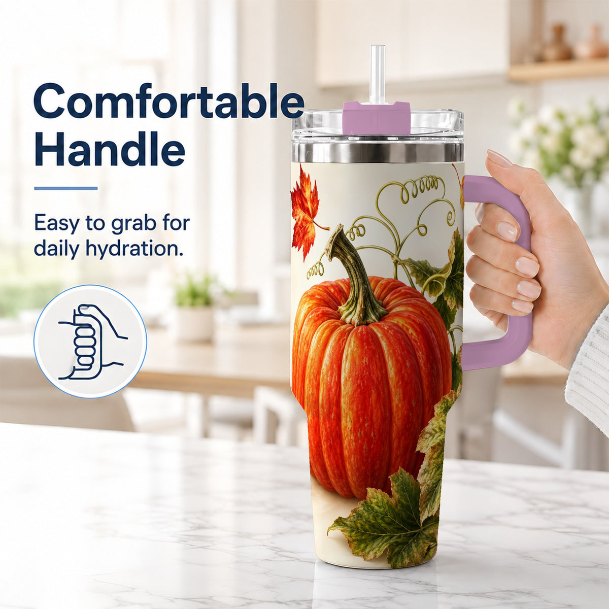#pl[40oz|Pink] Realistic Pumpkin 40oz Tumbler with Handle, Stainless Steel Travel Cup