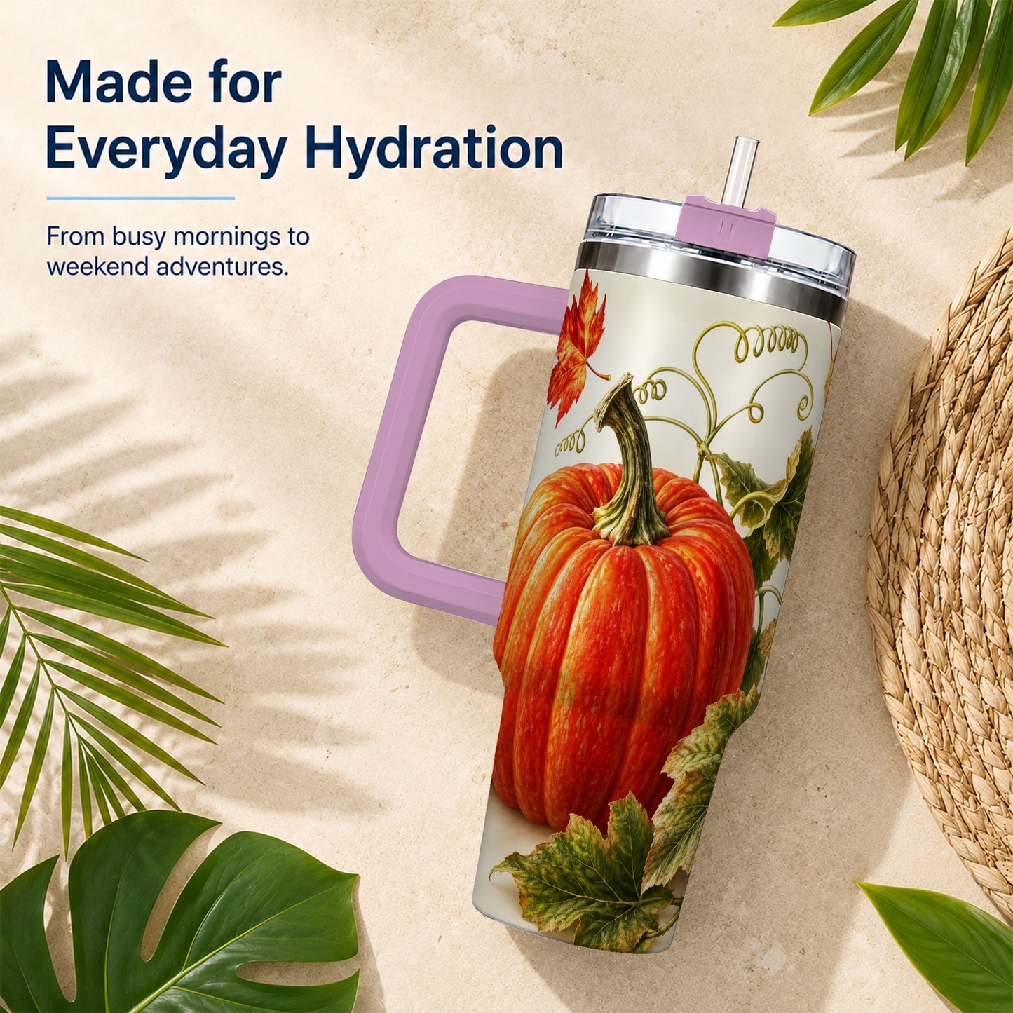 #pl[40oz|Pink] Realistic Pumpkin 40oz Tumbler with Handle, Stainless Steel Travel Cup