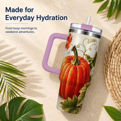 #pl[40oz|Pink] Realistic Pumpkin 40oz Tumbler with Handle, Stainless Steel Travel Cup