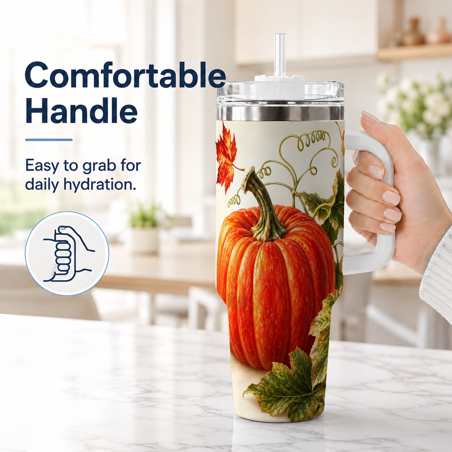 #pl[40oz|White] Realistic Pumpkin 40oz Tumbler with Handle, Stainless Steel Travel Cup