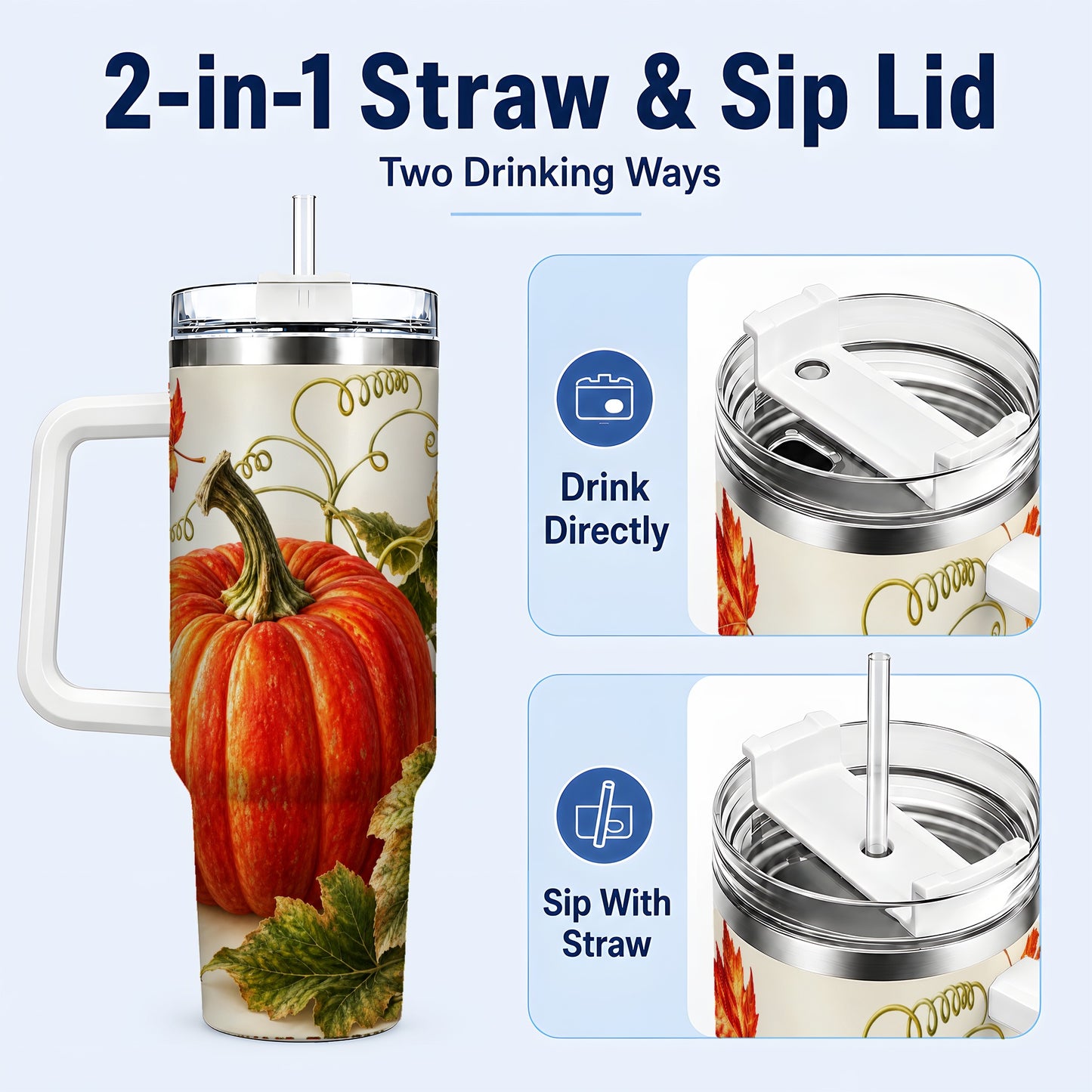 #pl[40oz|White] Realistic Pumpkin 40oz Tumbler with Handle, Stainless Steel Travel Cup