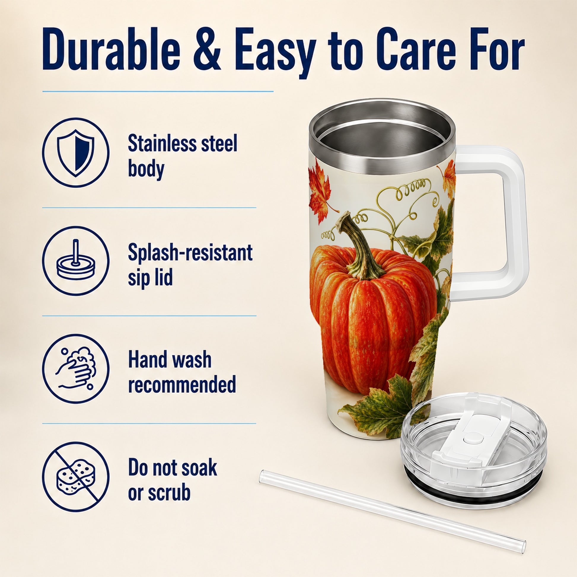 #pl[40oz|White] Realistic Pumpkin 40oz Tumbler with Handle, Stainless Steel Travel Cup