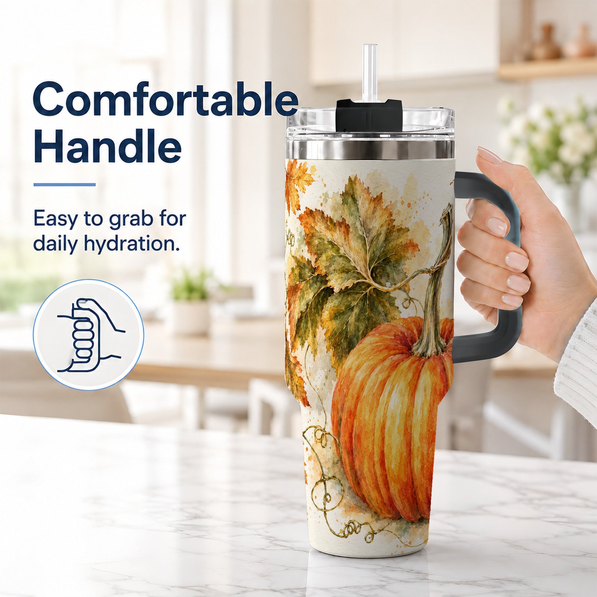 #pl[40oz|Black] Watercolor Pumpkin 40oz Tumbler with Handle, Stainless Steel Travel Cup