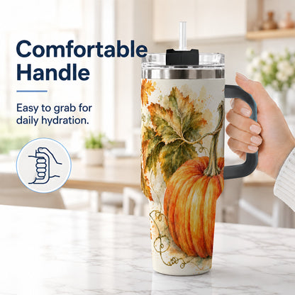 #pl[40oz|Black] Watercolor Pumpkin 40oz Tumbler with Handle, Stainless Steel Travel Cup